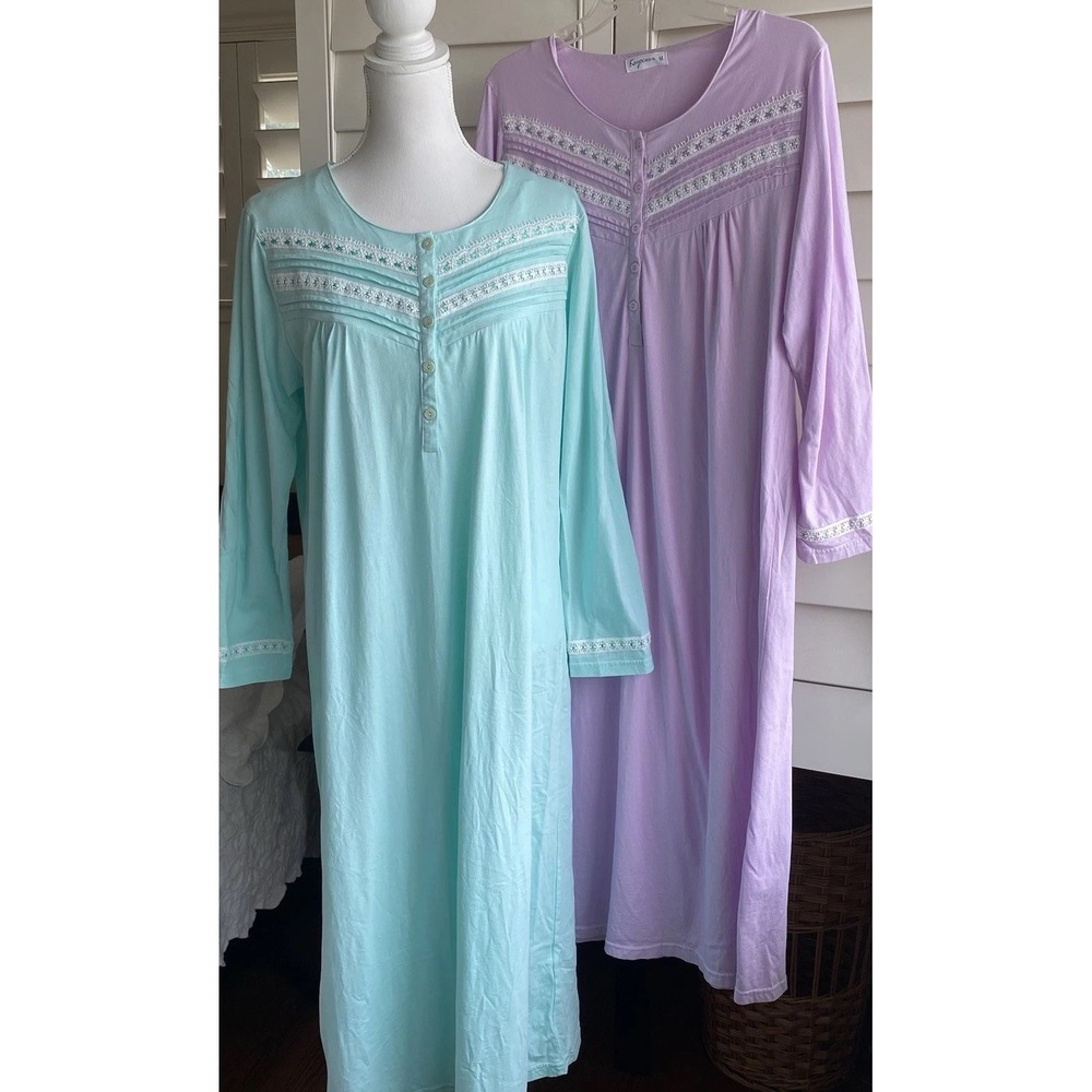 Keyocean Nightgown Women M Long Sleeve Lilac Sleepwear Pajama Night Shirt Lot 2